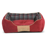 Red corduroy scruffs highland box pet bed with plaid interior and tan leather patch in rich chenille fabric