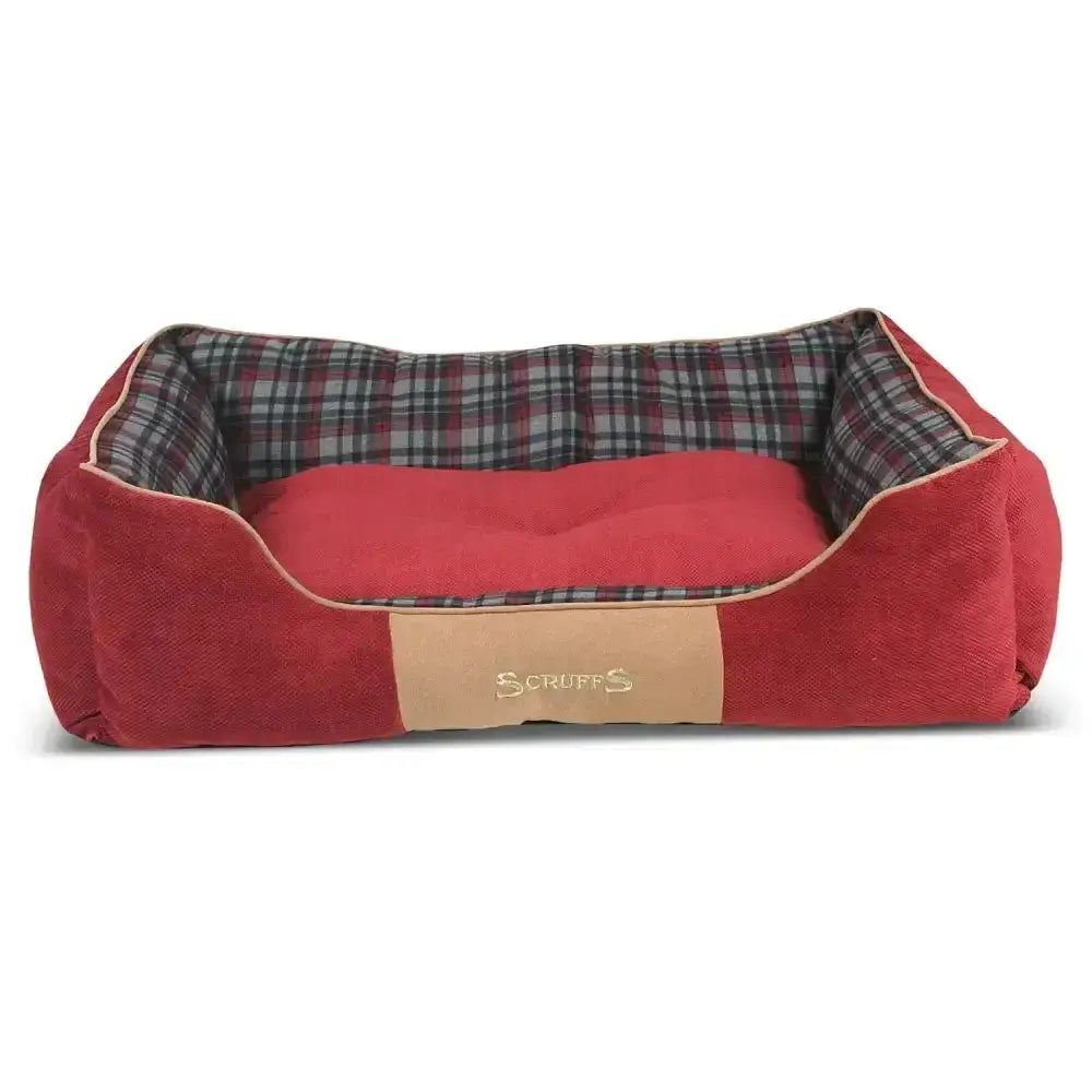 Red suede scruffs highland box bed with plaid interior and tan leather patch in rich chenille fabric