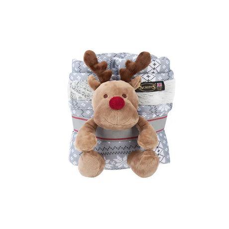 A plush brown squeaky reindeer toy with red nose sits on a gray and white snowflake scruffs santa paws blanket