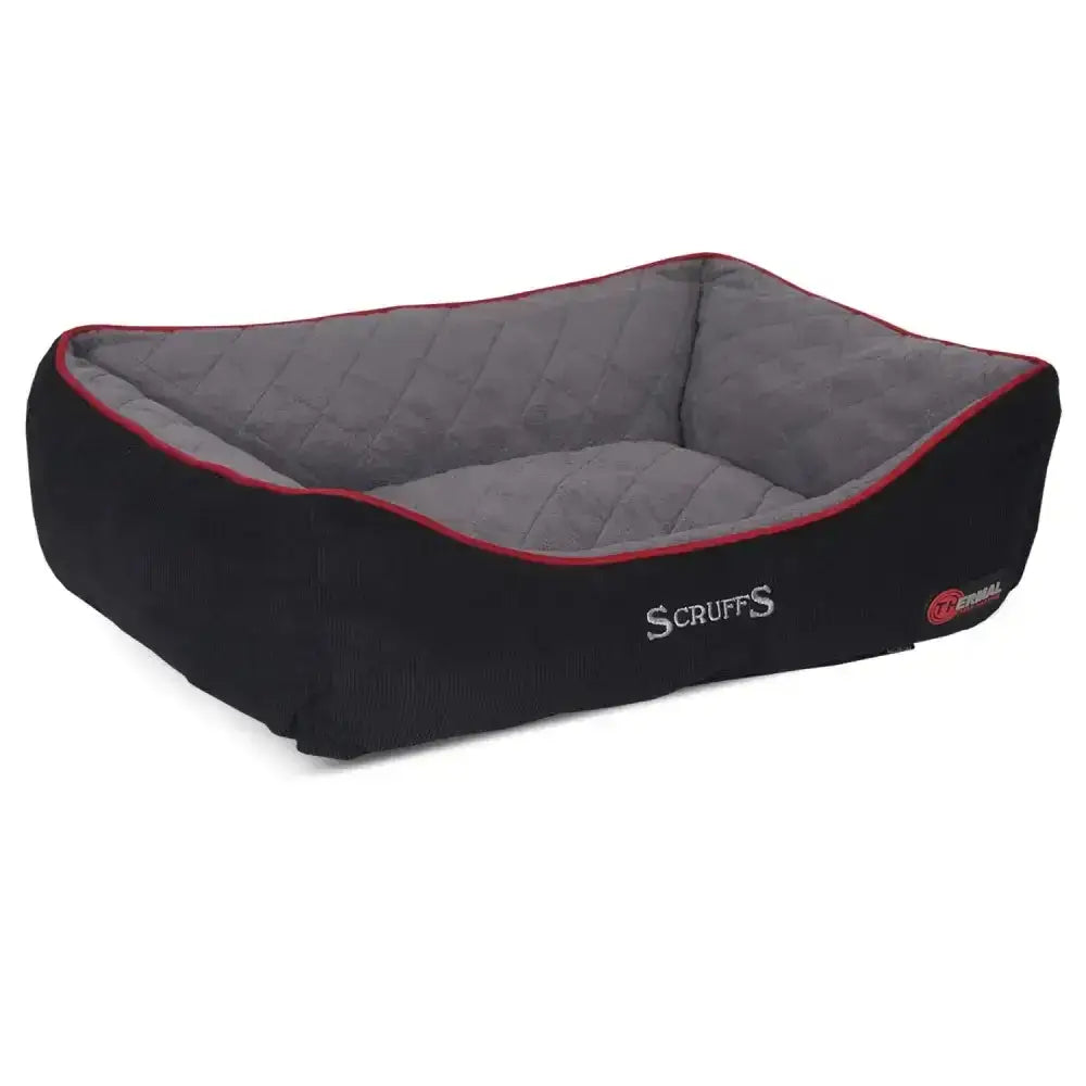 Black and gray scruffs thermal box self-heating bed with red trim for pets offering warmth and comfort