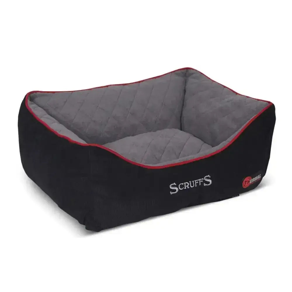 Black and gray scruffs thermal box bed with red trim cozy self-heating bed for pets