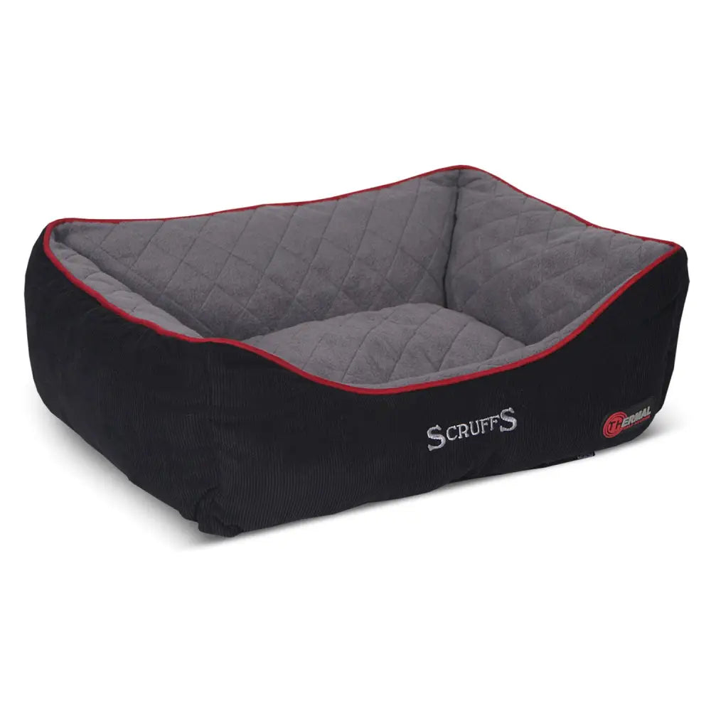 Black and gray quilted scruffs thermal box bed with red trim featuring scruffs logo ideal as a self-heating bed
