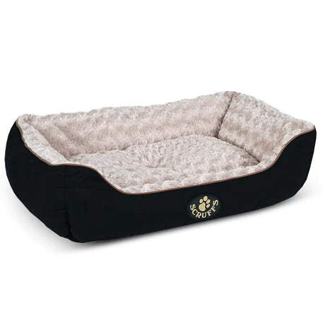 Black scruffs wilton box dog bed with quilted outer fabric and luxurious plush fur cream-colored lining
