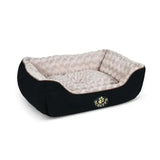 Black and beige scruffs wilton box dog bed with quilted outer fabric and luxurious plush fur interior and embroidered logo