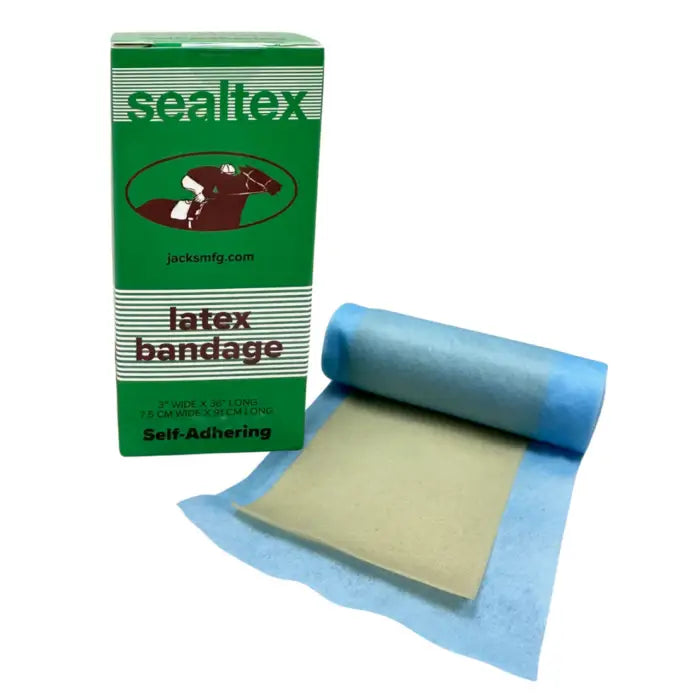 Blue self-adhering sealtex latex bandage roll next to green sealtex latex bit wrapping packaging box
