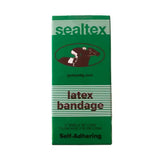 Green rectangular box of sealtex latex bandage with brown jockey on horse and white stripes for latex bit wrapping