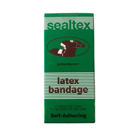 Green rectangular box of sealtex latex bandage with brown jockey on horse and white stripes for latex bit wrapping