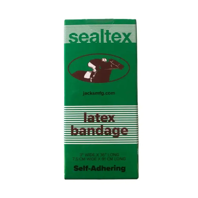 Green rectangular box of sealtex latex bandage with brown jockey on horse and white stripes for latex bit wrapping