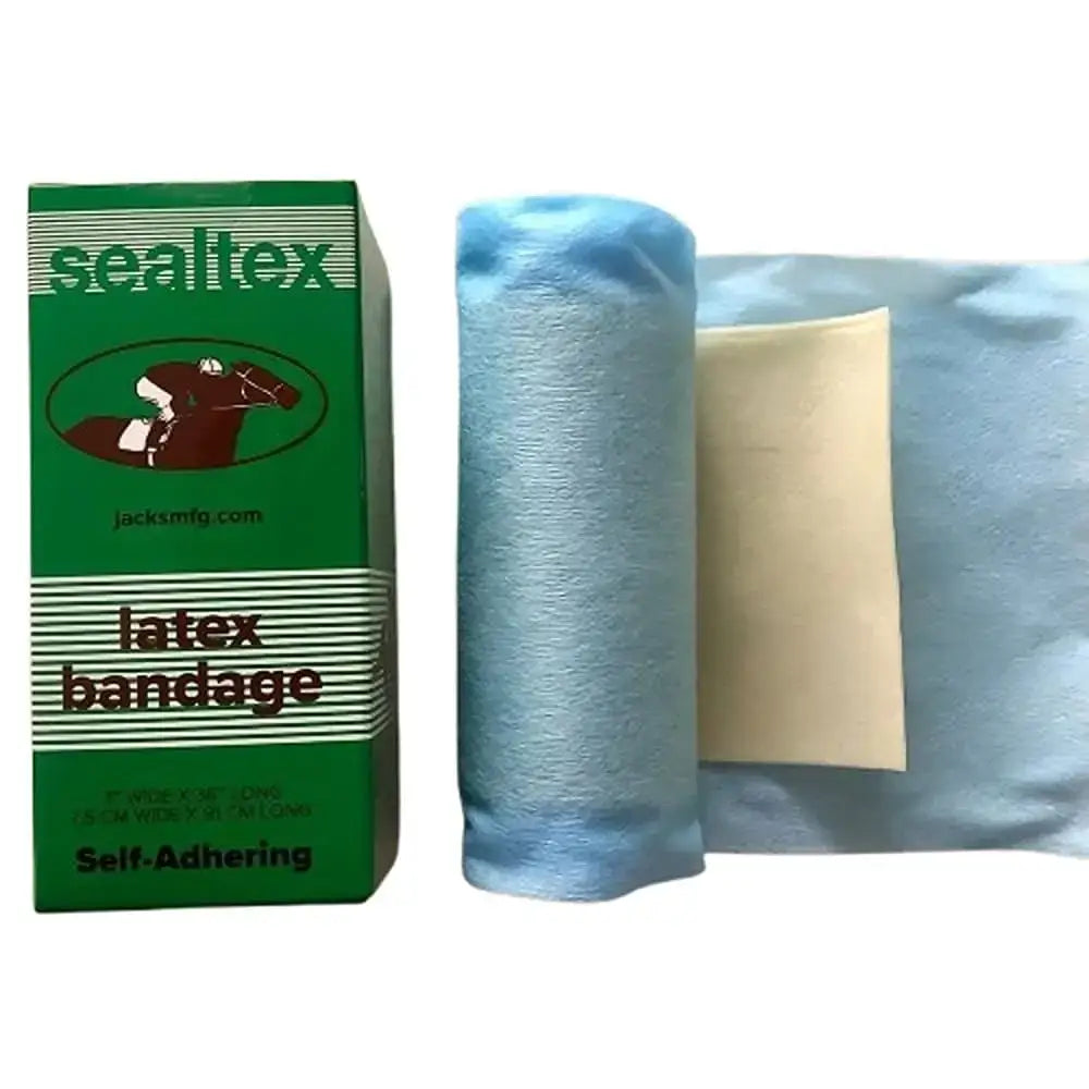 Light blue self adhering sealtex latex bandage roll next to green sealtex latex bit wrapping packaging