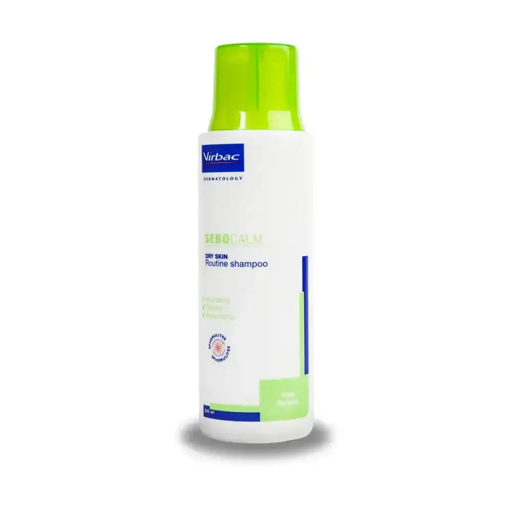 White plastic sebocalm shampoo bottle with green cap blue accents gentle shampoo designed for dry skin routine