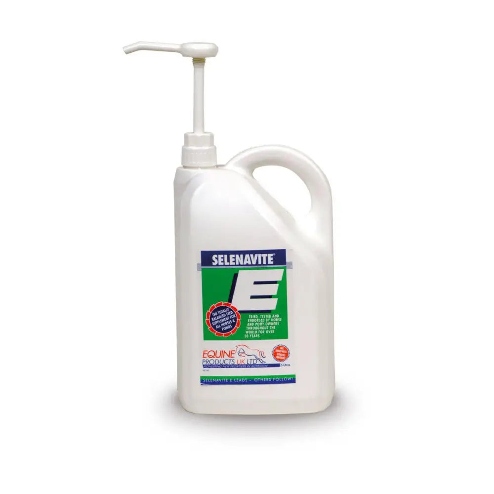 White plastic jug with pump dispenser of selenavite e liquid by equine products inc pony feed supplement with molasses base