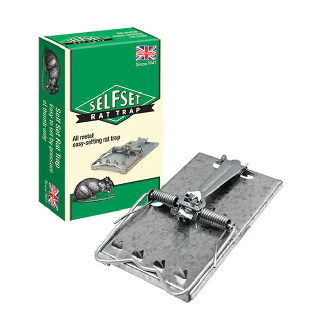 Silver-colored metal selfset rat trap with spring-loaded mechanism and flat base british made classic rat trap