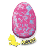 Pink and blue speckled plastic ses unicorn bath bomb egg with surprise inside and yellow unicorn graphic
