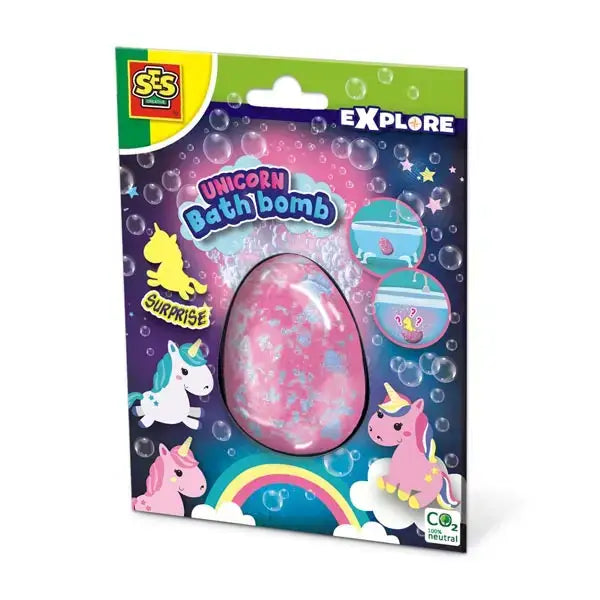 Ses unicorn bath bomb surprise with pink glittery iridescent swirls visible through clear plastic window packaging
