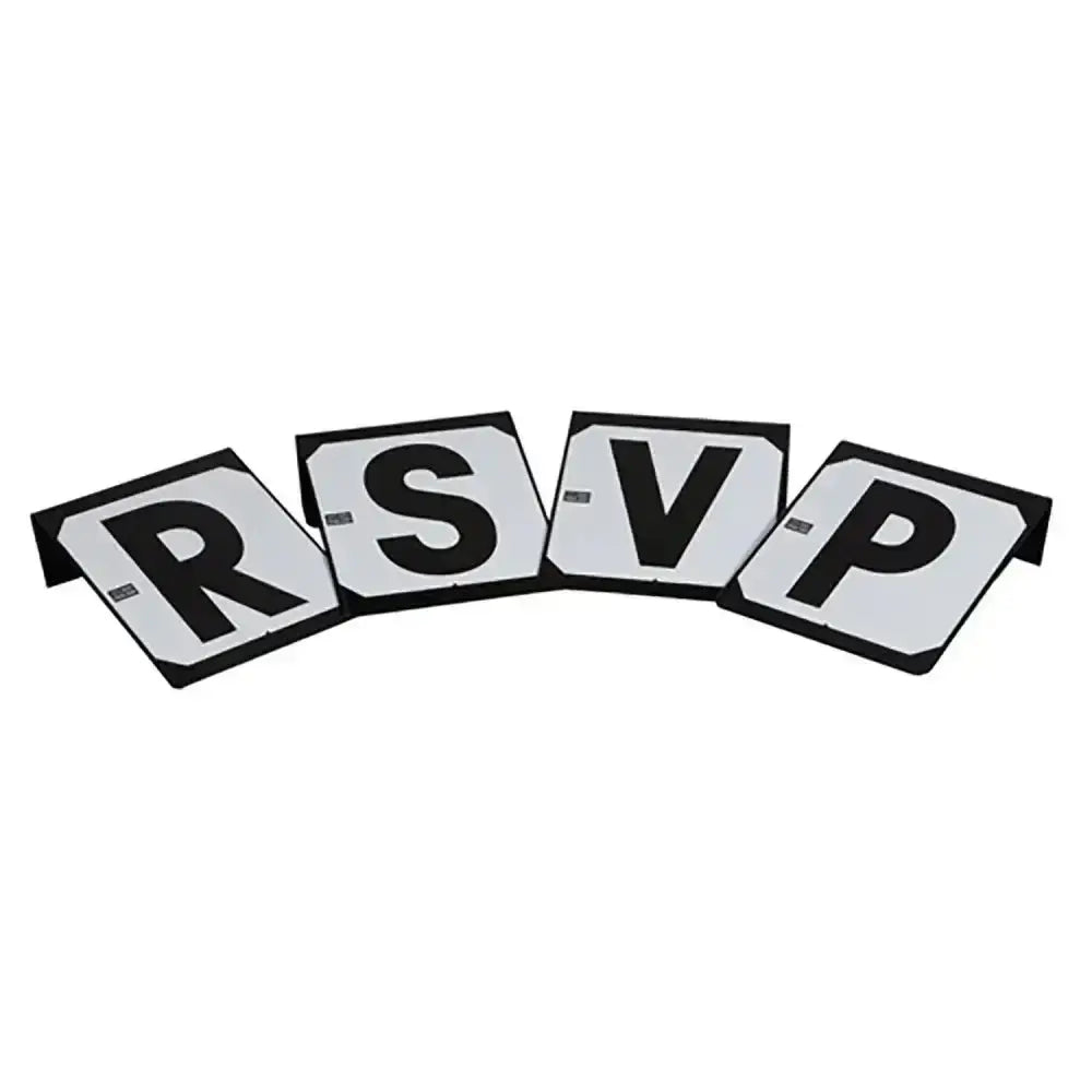 Set of 4 black and white dressage markers rsvp with bold steel dressage letters and tabs for easy rsvp screw display