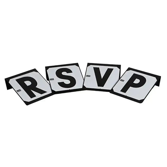 Set of 4 black and white dressage markers rsvp with bold steel dressage letters and tabs for easy rsvp screw display
