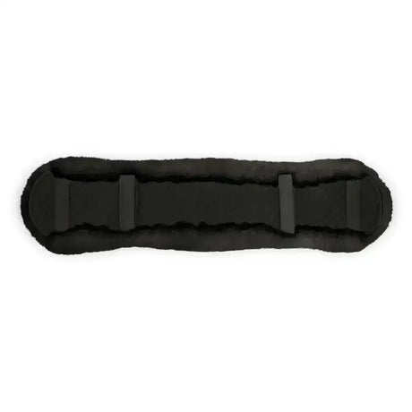 Black plush-furred shaped dressage girth sleeve with padded central section and two vertical straps for secure fit