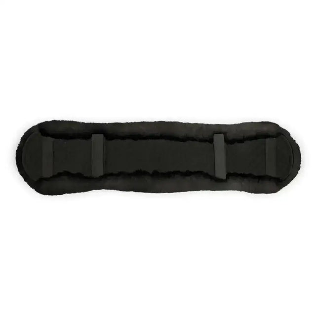 Black plush-furred shaped dressage girth sleeve with padded central section and two vertical straps for secure fit