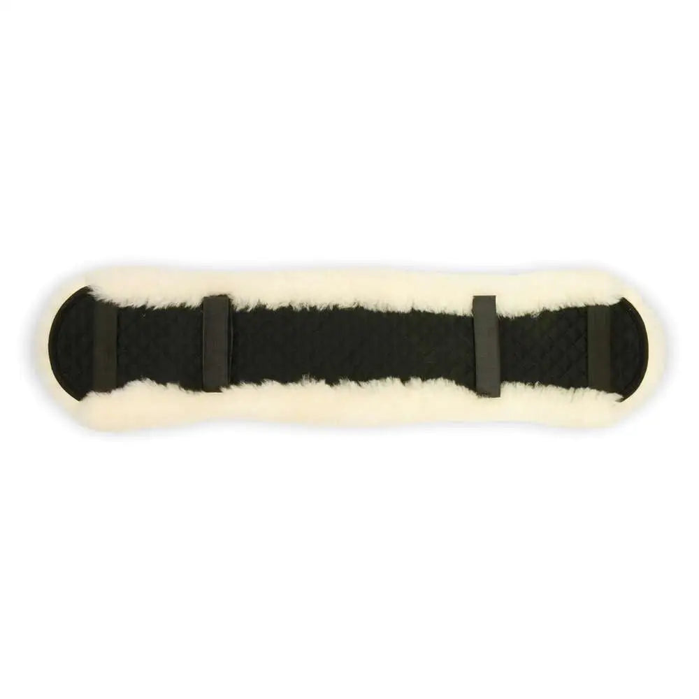 Black and cream shaped dressage girth sleeve with plush merino lambswool edges and soft sheepskin texture