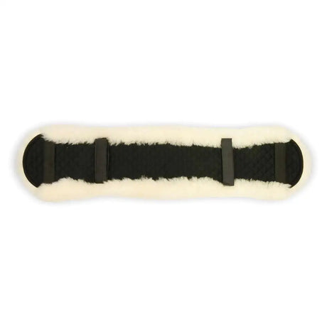Black and cream shaped dressage girth sleeve with plush merino lambswool edges and soft sheepskin texture