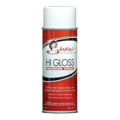 Red and white can of shapleys hi gloss finishing spray with silver nozzle cap oil-based spray perfect for highlighting features