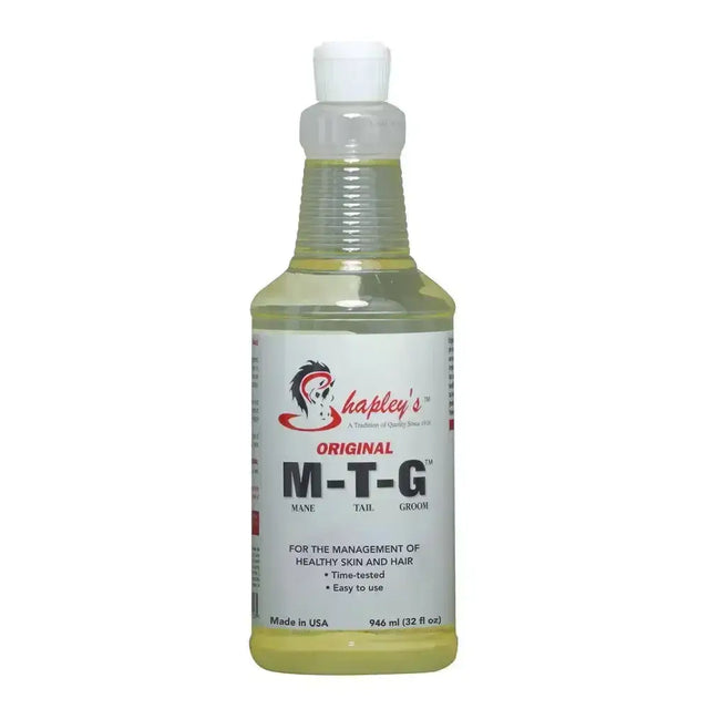 A clear plastic spray bottle with pale yellow original m-t-g liquid for tail hair and healthy skin by shapleys