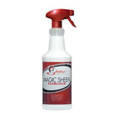 A white plastic spray bottle with a red trigger labeled hapleys magic sheen hair polish to reduce grooming time and add sheen coat shine
