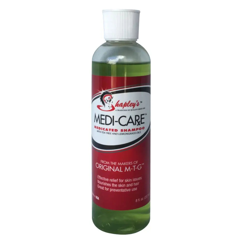 A clear plastic bottle with white cap contains green shapleys medi-care medicated anti-fungal shampoo for healthy horse coat