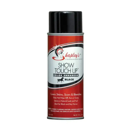 Black spray can of shapleys show touch up colour enhancer with red and silver horse logo label developed specifically to effectively cover stains