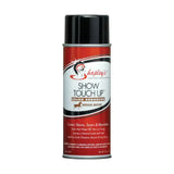 A red and black aerosol can of shapleys show touch up colour enhancer in medium brown developed specifically for horse coat maintenance and effectively covers stains
