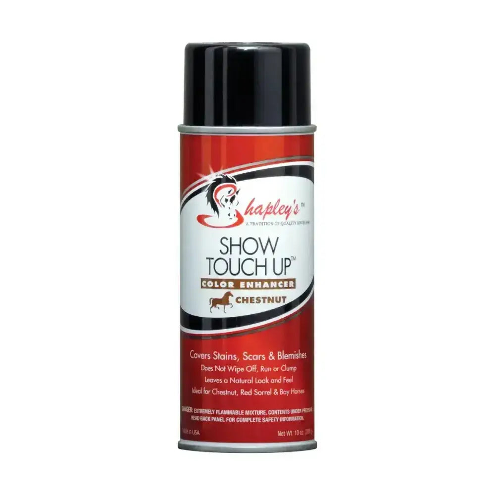 Red and black aerosol can of shapleys show touch up colour enhancer in chestnut developed specifically to effectively cover stains