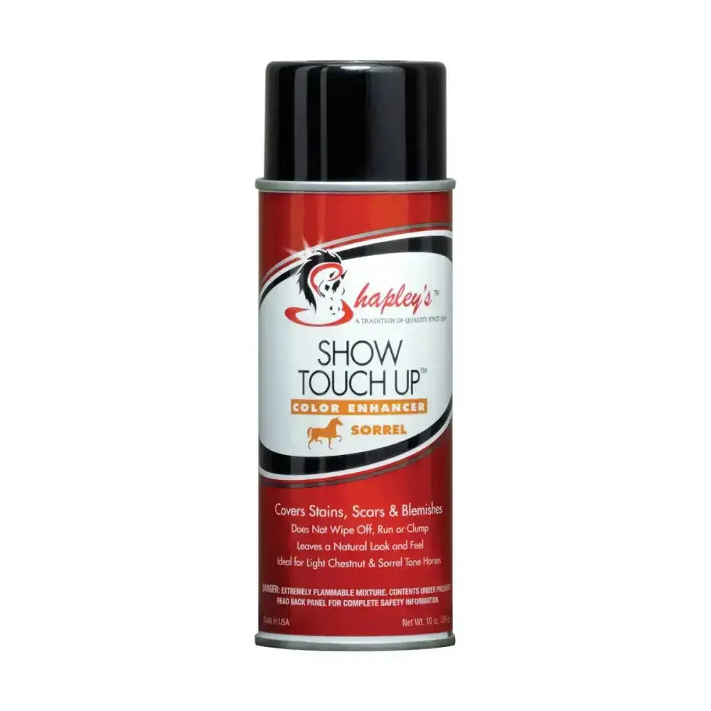 Red and black aerosol can of shapleys show touch up colour enhancer in sorrel developed specifically to effectively cover stains
