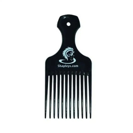 Black plastic extremely effective super tail pick comb with shapley’s super tail logo and website on handle