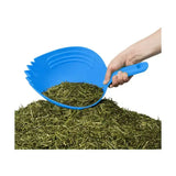 Blue plastic shark skup feed scoop with serrated edge and ergonomic handle for loosening compacted feed