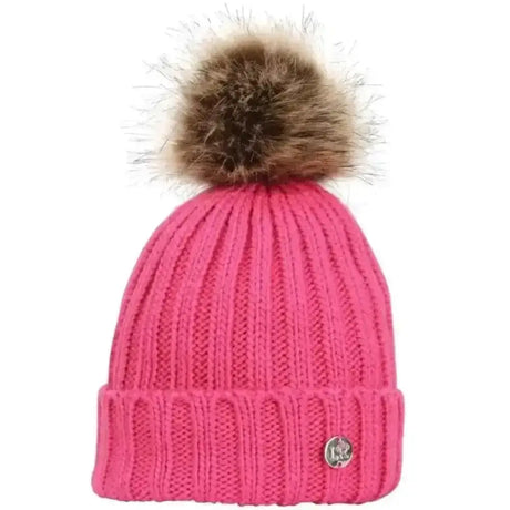 Bright pink ribbed knit sheila bobble hat with fluffy brown faux fur pom pom and metallic logo tag on cuff