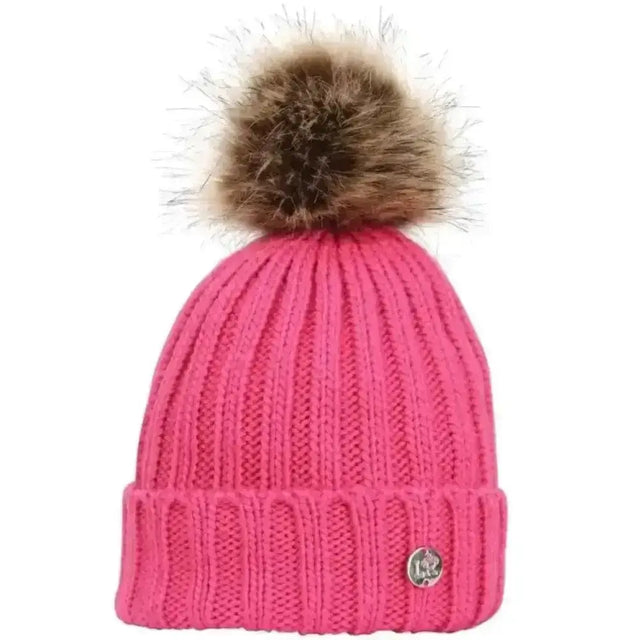 Bright pink ribbed knit sheila bobble hat with fluffy brown faux fur pom pom and metallic logo tag on cuff