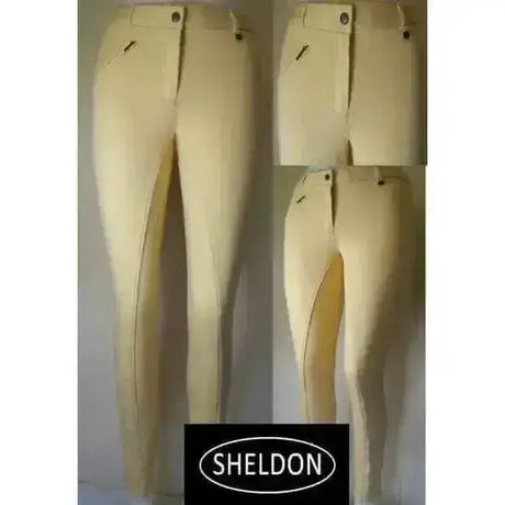 Cream-colored sheldon cozi knitted ladies competition jodhpurs with a sleek design and subtle side zippers