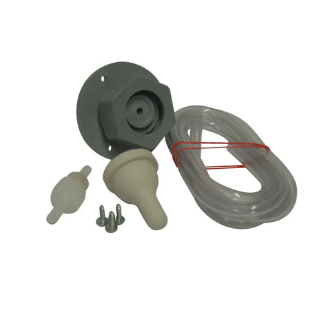 Gray plastic shepherdess feed line valve with clear tubing and beige rubber fittings for orphan lamb feeder use