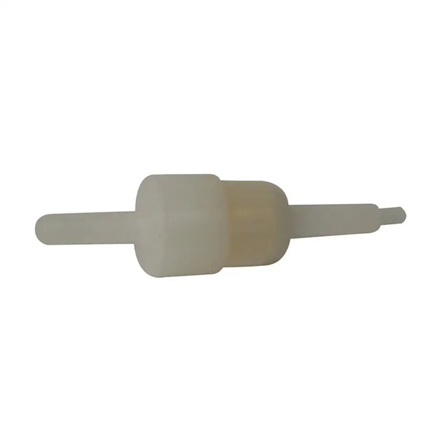 Translucent white plastic shepherdess non-return valve fuel filter with central body and two tubes for orphan lamb feeder use