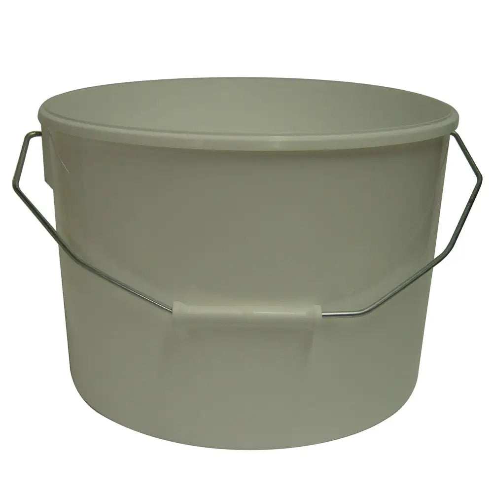 A sturdy light gray plastic shepherdess spare bucket with metal wire handle and white grip pad for orphan lamb feeder