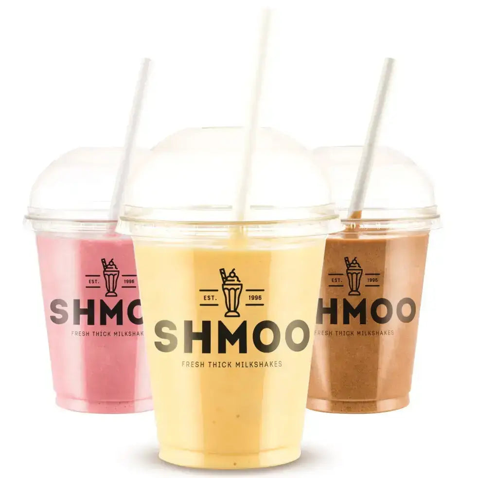 Three shmoo milkshakes large 22oz plastic cups in pink yellow and brown with clear lids and white straws for barnstaple equestrian