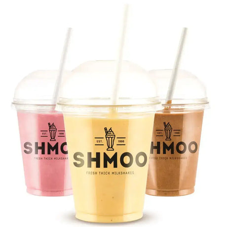 Three shmoo milkshakes large 22oz plastic cups in pink yellow and brown with clear lids and white straws for barnstaple equestrian