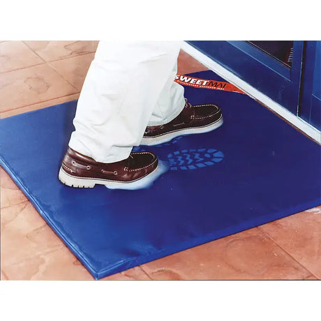 Blue rectangular sweetman disinfection mat with footstep design and red sweetm logo for stableline deodoriser use