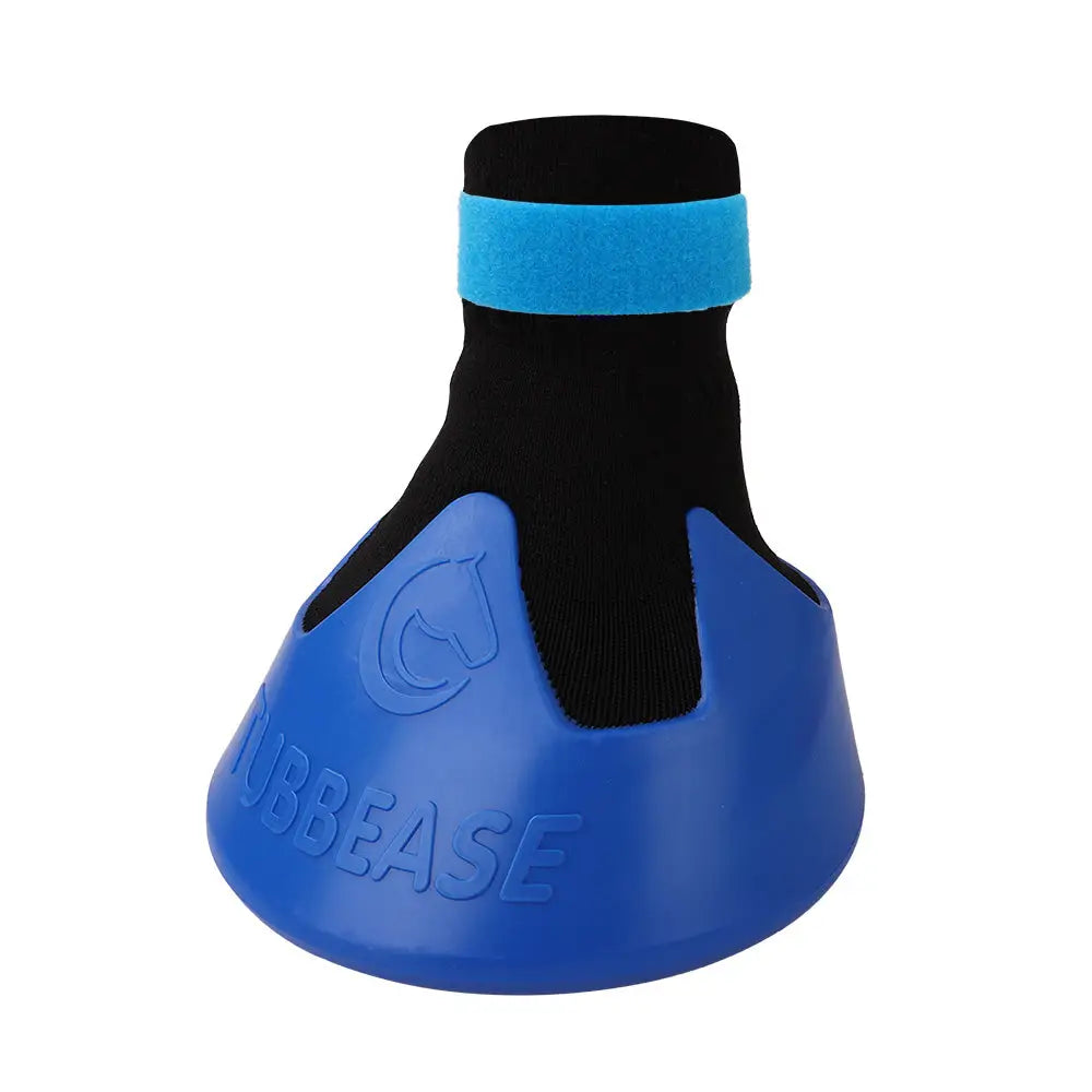 Blue and black rubber shoof tubbease hoof sock with textured grip band for preventing hoof problems