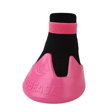 Pink and black shoof tubbease hoof sock with molded plastic base for hoof problems featuring cubbease brand name