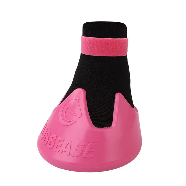 Pink and black shoof tubbease hoof sock with molded plastic base featuring cubbease for hoof problems care