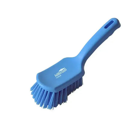 Blue plastic short handled brush with dense stiff bristles and ergonomic handle perfect for brush premier medium use
