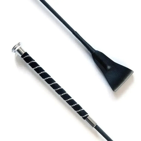 Black leather short jump whip with felt crystal grip braided handle and silver metallic accents for riding