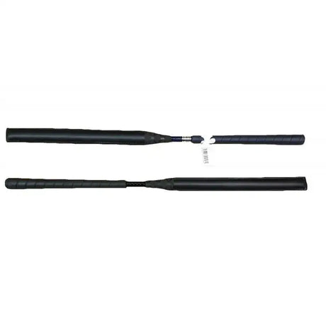 Black short jump whip with rubber grip and metallic joint featuring textured handle for better control