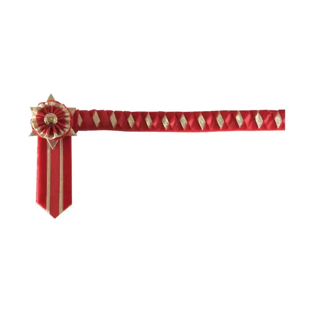 Showquest boston brow band with red satin ribbon gold diamond accents and matching red gold decorative bow individually hand-plaited
